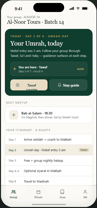 The companion app showing a pilgrim's group home screen with today's plan.