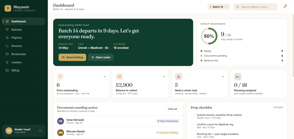 The operator HQ dashboard on desktop, showing batches, documents and balances.